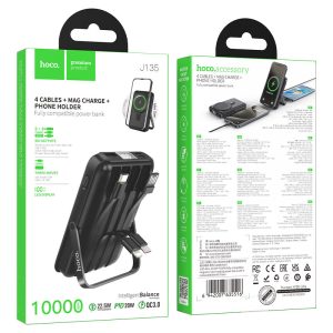 Power Bank HOCO J135 Rico 10000mAh – Charge Sans Fil Magnetique 15W, Cables Integres, PD/QC